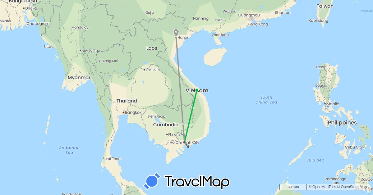 TravelMap itinerary: driving, bus, plane, motorbike in Vietnam (Asia)